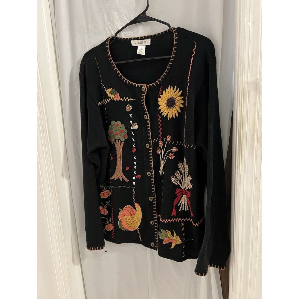 Arriviste Black Embroidered Beaded A Bountiful Harvest Cardigan Sweater Sz Xl